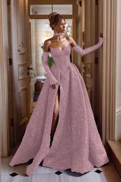 Burgundy Sleeveless Strapless V-Neck A-Line Beadeds Prom Dress With Gloves