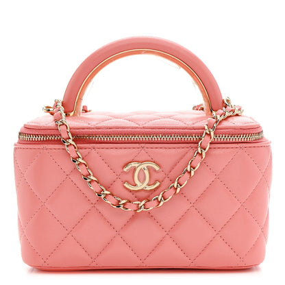 Lambskin Quilted Small Charming Top Handle Vanity Case With Chain Pink