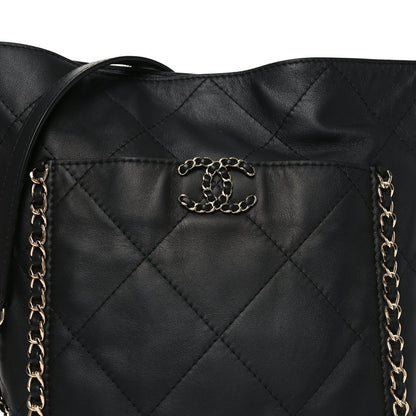 Calfskin Quilted Chain Flat Tote Black