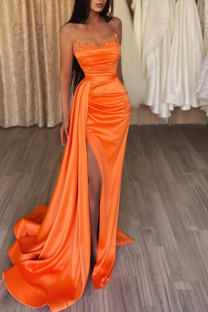 Orange Strapless Slit Long Mermaid Prom Dress With Ruffles