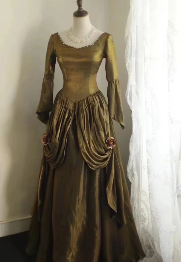 Green Velvet Prom Party Dress With Long Sleeves Classy Retro Evening Dress  fg8341