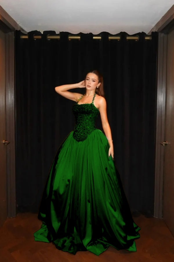 Gorgeous Gold Halter Rhinestone Sleeveless Evening Dress with Pleated