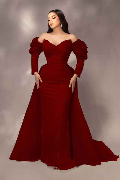 Glamorous Sequins Off the Shoulder Long Sleeves Mermaid Prom Dress with Pleated