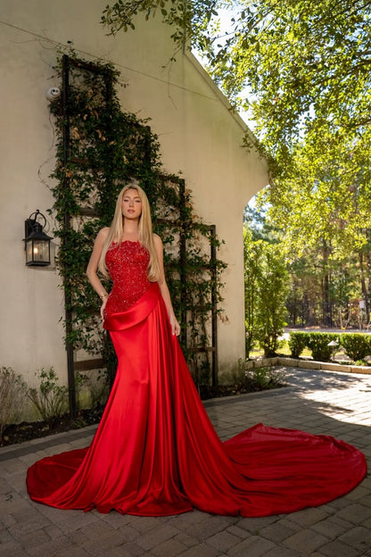 Red Sleeveless Strapless Beading Embroidery Prom Dress