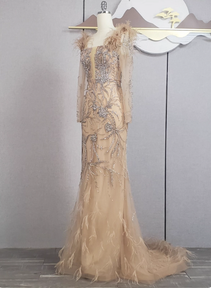 Vintage Champagne Mermaid Long Sleeve Square Neck Feather Beaded Tulle Long Prom Dress Evening Dress P4550