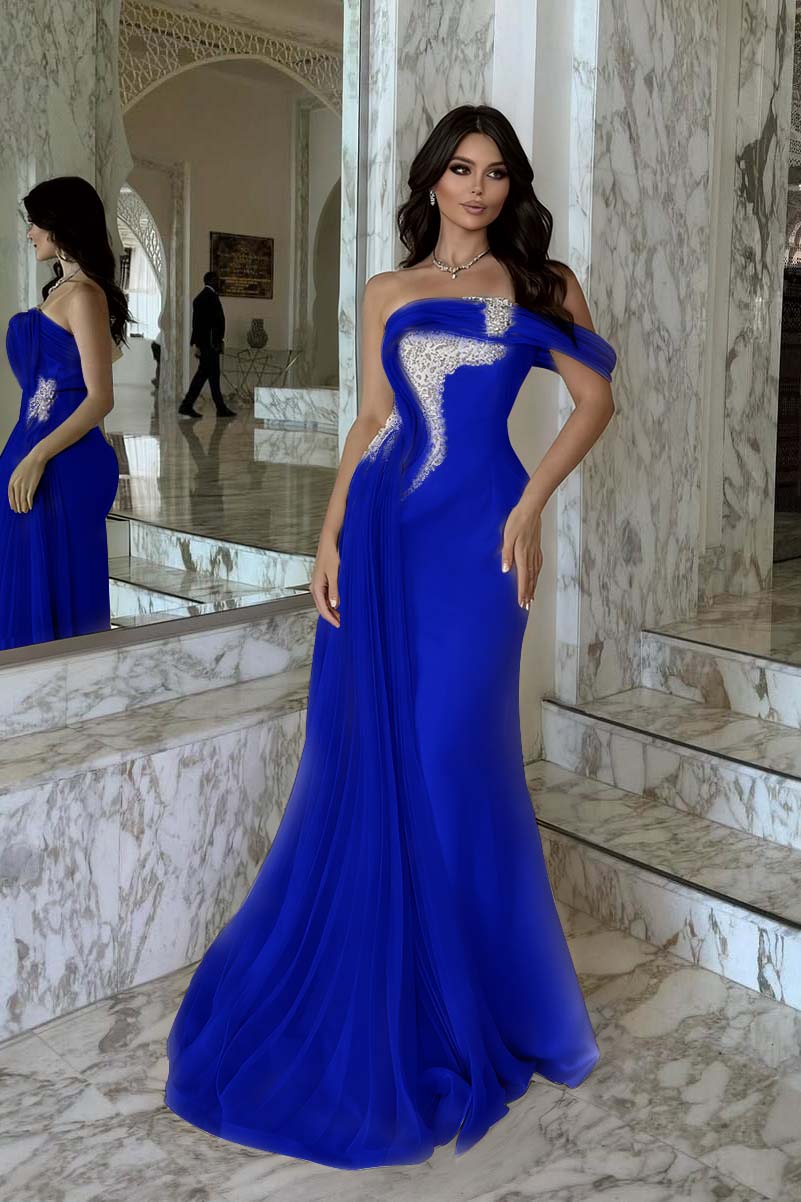 Elegant Pink Satin One Shoulder Beaded Strapless Prom Dress with Train