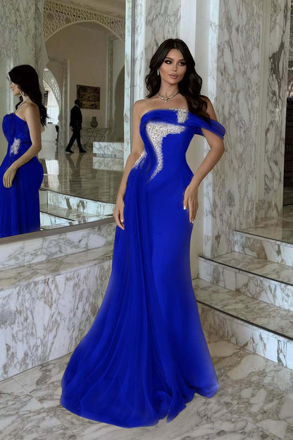 Elegant Pink Satin One Shoulder Beaded Strapless Prom Dress with Train