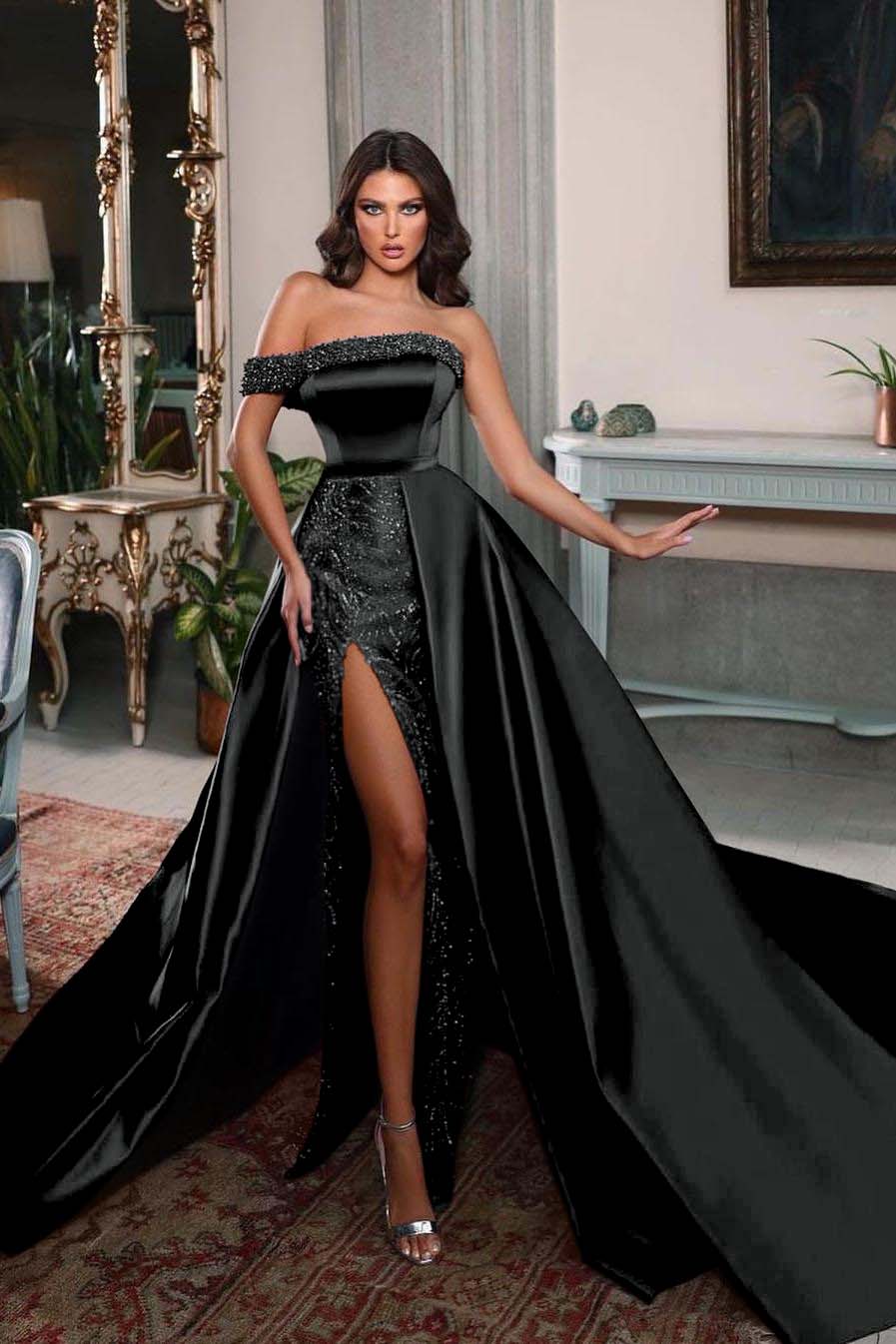 Charming Burgundy Satin One Shoulder Sleeveless Split Long Prom Dress with Beadings