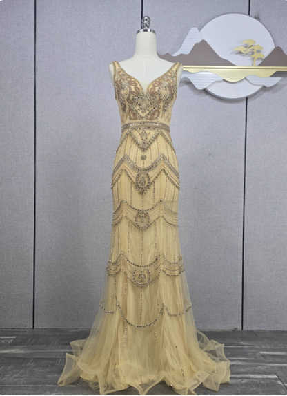 Vintage Champagne Gold Mermaid V-neck Beaded Embroidered Tulle Long Prom Dress Evening Dress P4552