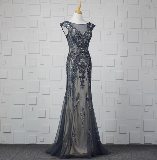 Vintage Gradient Grey-blue Mermaid Crew Neck Beaded Sequin Tulle Long Prom Dress Evening Dress P4553
