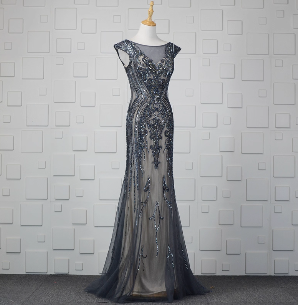 Vintage Gradient Grey-blue Mermaid Crew Neck Beaded Sequin Tulle Long Prom Dress Evening Dress P4553