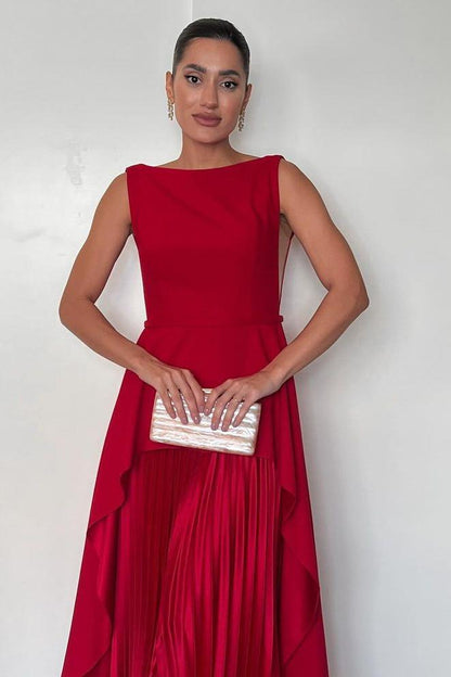 Exquisite Red Chiffon Sleeveless High Waist Pleated Long Prom Dress with Belt