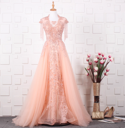 Elegant Court Grey Fringed Beaded Embroidered Tulle Train Prom Dress Evening Dress P4554