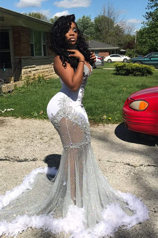 Halter Neck Mermaid Prom Dress Waist-Skimming With Appliques Feathers