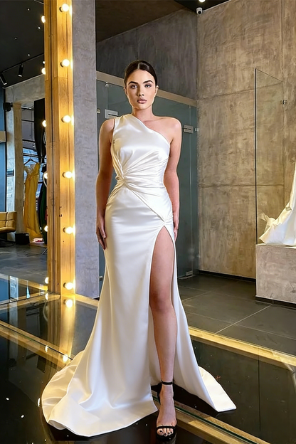 One Shoulder Sleeveless Mermaid Prom Dress Red With Slit