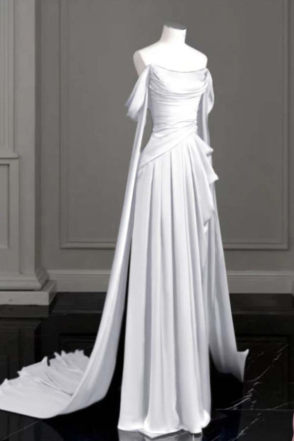 Sleeveless Off-The-Shoulder Pleated Long Prom Dress With Trailing On Both Sides
