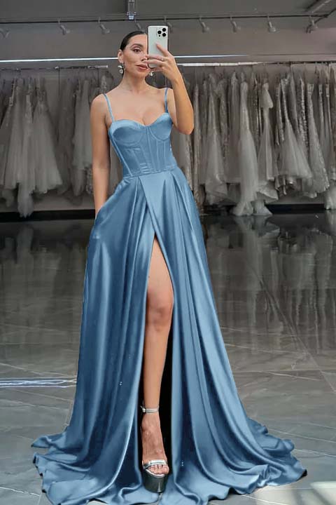 Red Spaghetti Straps A-Line Long Prom Dress With Pleated