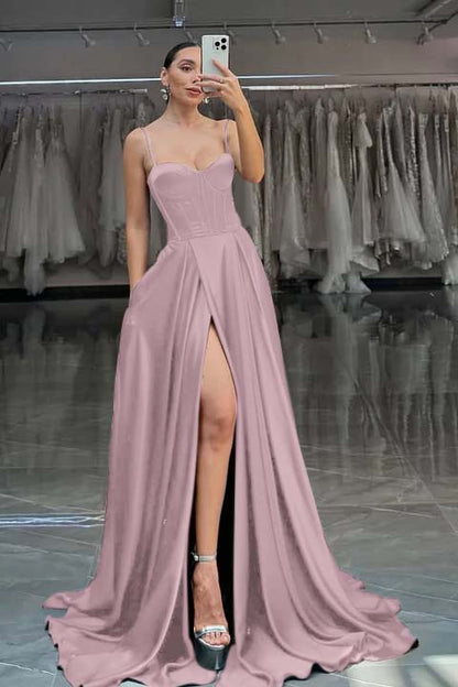 Red Spaghetti Straps A-Line Long Prom Dress With Pleated