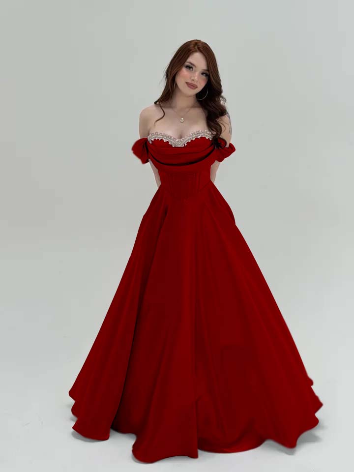 Elegant Off-The-Shoulder Beadings A-Line Pletaed Evening Dress
