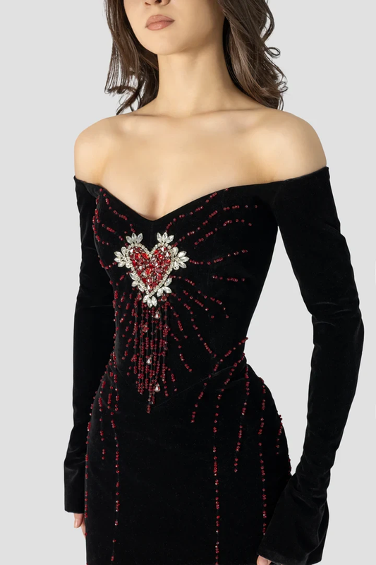 Enchanting Black Velvet Long Sleeves Strapless Evening Dress with Rhinestone