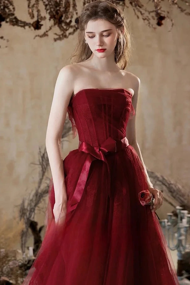 Red Sleeveless Strapless Square Bow-Tie A-Line Prom Dress