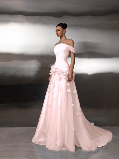 Off Shoulder Sleeveless A-Line Handmade Flower Prom Dress
