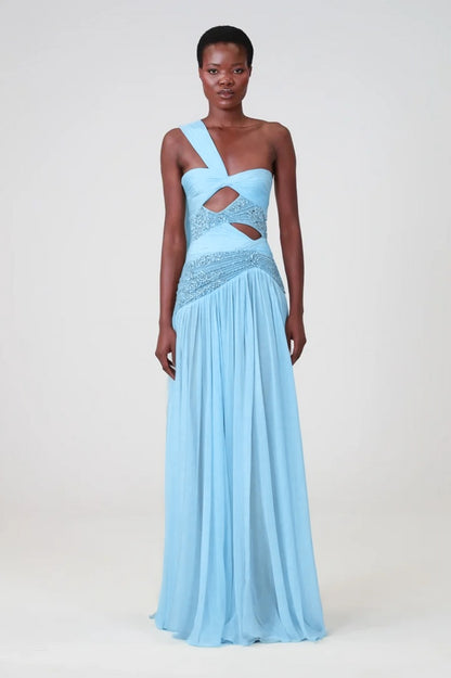 Charming Blue Sleeveless One Shoulder Long Evening Dress with Sequins
