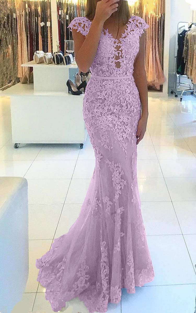 Appliques Mermaid Cap Sleeve Prom Dress