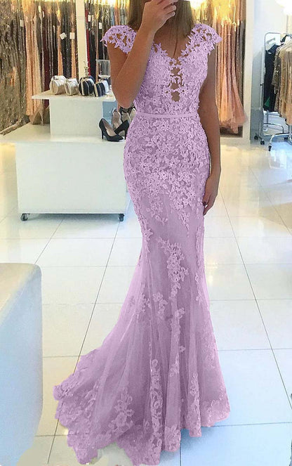 Appliques Mermaid Cap Sleeve Prom Dress