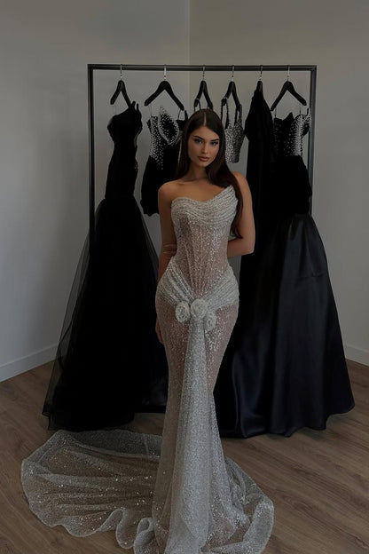 Chic Sleeveless Strapless Asymmetric Sequins Mermaid Prom Dress