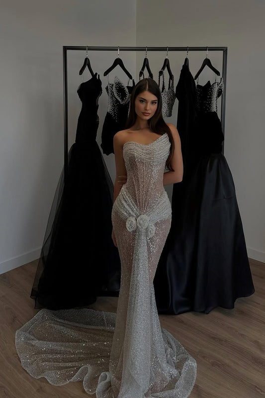 Chic Sleeveless Strapless Asymmetric Sequins Mermaid Prom Dress