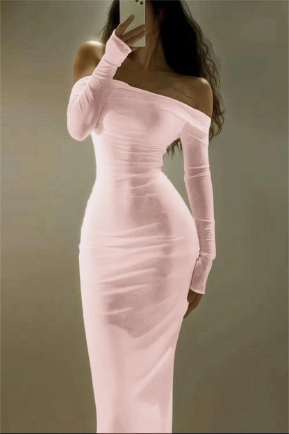 Chic Satin Ivory Long Sleeves Off the Shoulder Long Prom Dress with Pleated