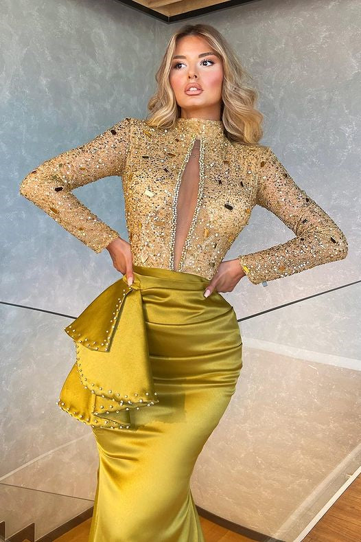 High Collar Long Sleeves Mermaid Prom Dress With Beadings
