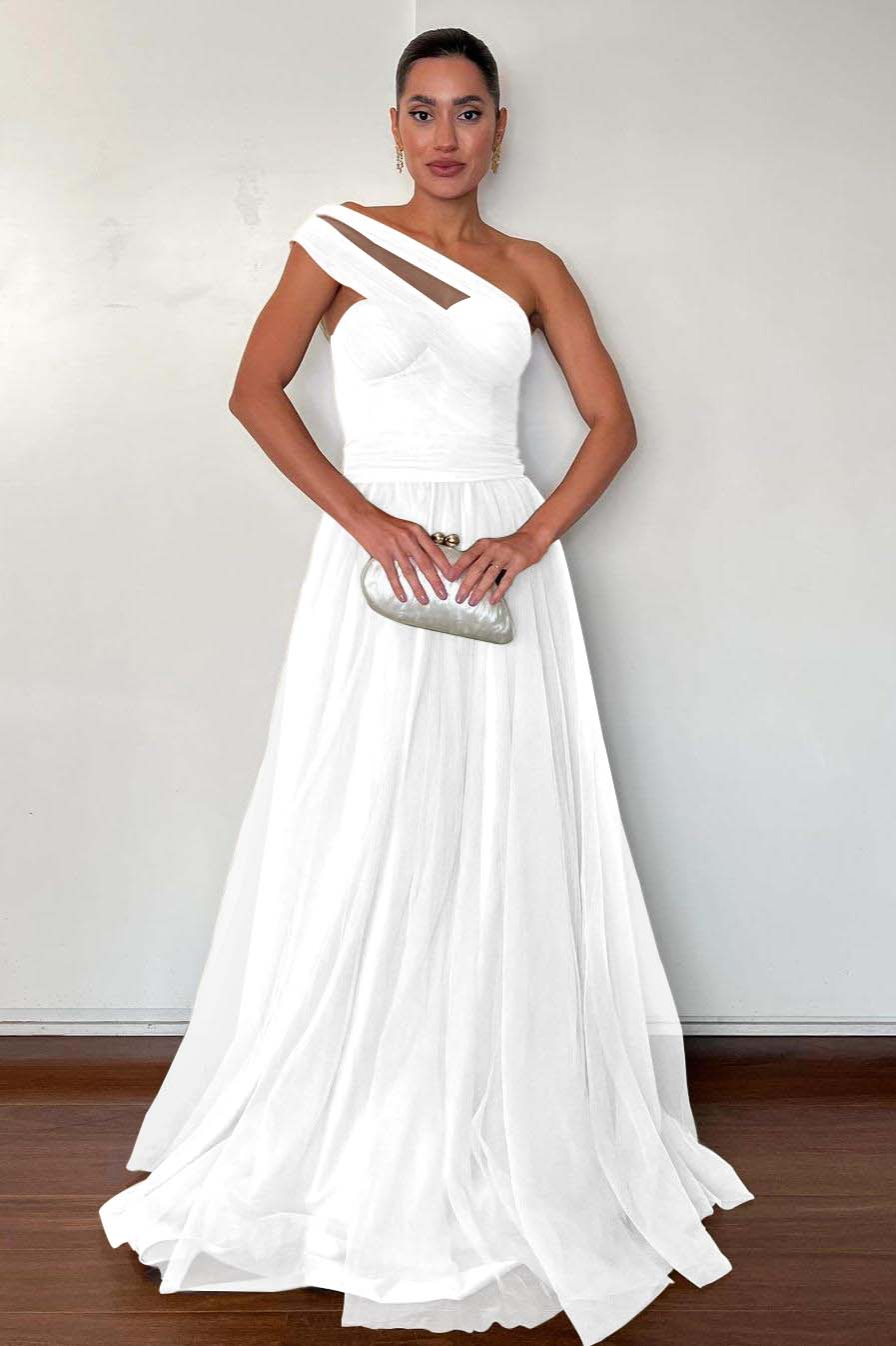 Stunning Green Tulle One Shoulder Sleeveless Long Prom Dress with Pleated