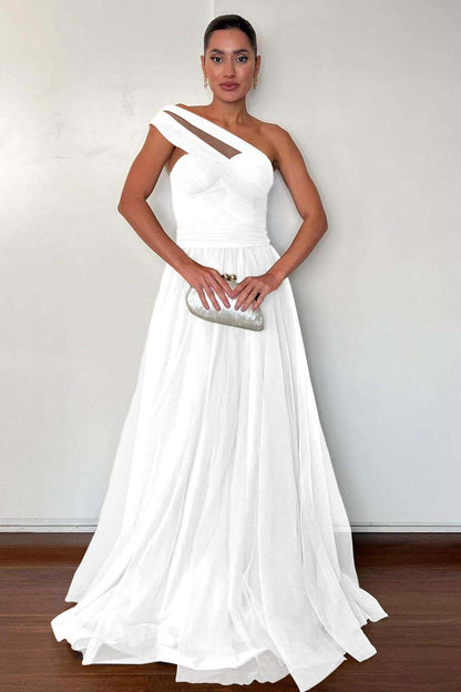 Stunning Green Tulle One Shoulder Sleeveless Long Prom Dress with Pleated