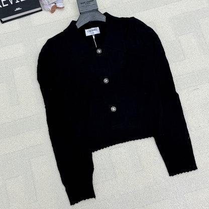 Chanel 2025 Polo Neck High-Waisted Short Knit Cardigan Black Wool
