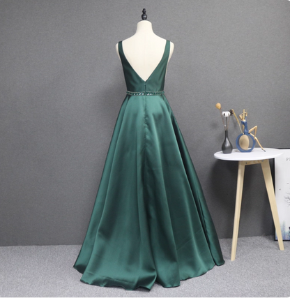 Elegant Dark Green A-line Sleeveless Rhinestone Satin Long Prom Dress Evening Dress P4561
