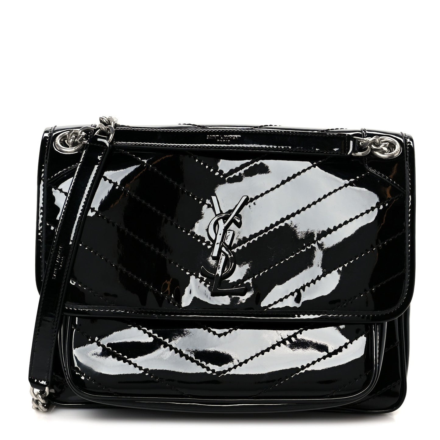 Faux Patent Matelasse Monogram Medium Niki Chain Satchel Black