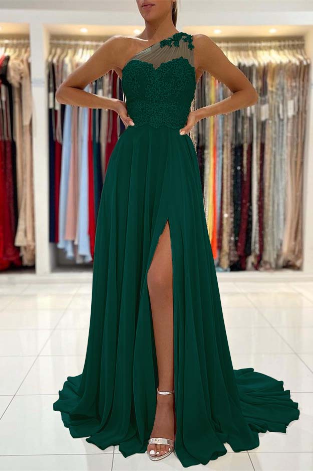 Glamorous One Shoulder Lace Appliques Prom Dress Front Slit