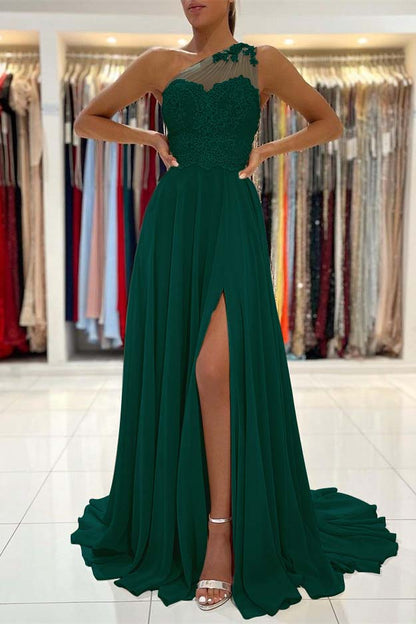 Glamorous One Shoulder Lace Appliques Prom Dress Front Slit