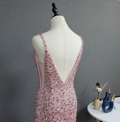 Elegant Pink Mermaid V-neck Spaghetti Strap Full Rhinestone Slit Tulle Train Prom Dress Evening Dress P4562