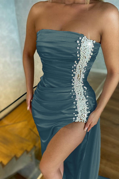Strapless Light Pink Peails Mermaid Evening Dress With Slit Sleevelessu