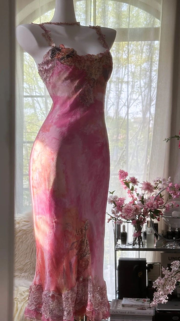 Pink Print Floral Sheath Spaghetti Straps Lace Chiffon Prom Dress Evening Dress SH3783