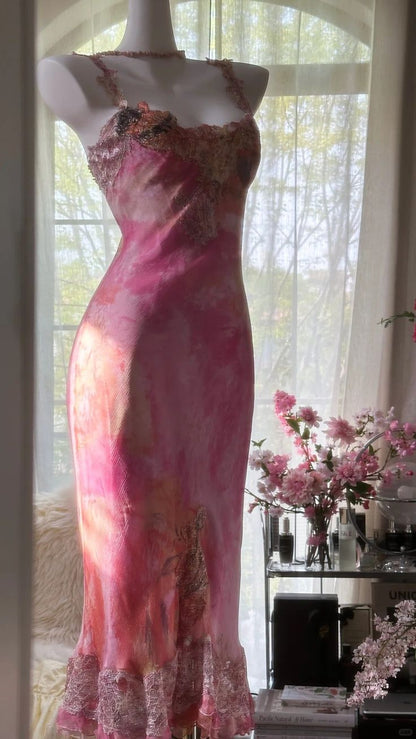 Pink Print Floral Sheath Spaghetti Straps Lace Chiffon Prom Dress Evening Dress SH3783
