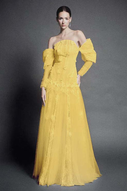 White Strapless Off-the-Shoulder A Line Evening Dress with Appliques