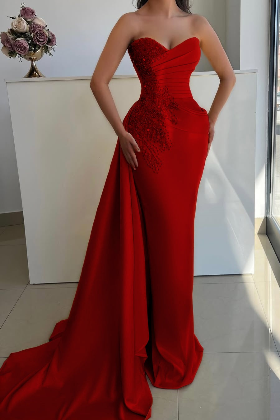 Sleeveless Strapless V Neck Mermaid Beaded Prom Dress With Tail