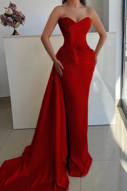 Sleeveless Strapless V Neck Mermaid Beaded Prom Dress With Tail
