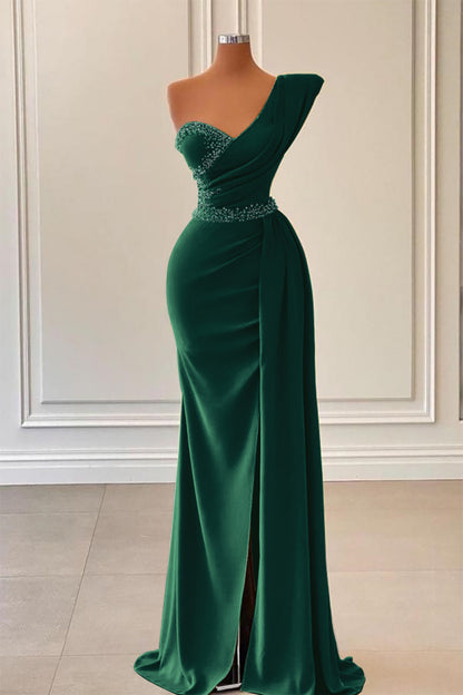 Sage Mermaid One-Shoulder Prom Dress Slit With Beadings