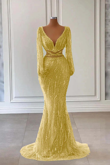 Light Green Long Sleeves V-Neck Mermaid Evening Dress With Sequins Beads