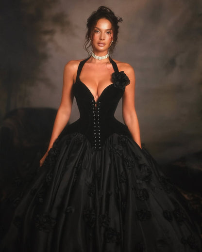 Black Sleeveless Halter Straps A-Line Prom Dress With Handmade Flower